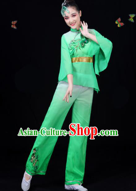 Traditional Chinese Yangko Green Clothing Folk Dance Fan Dance Stage Performance Costume for Women