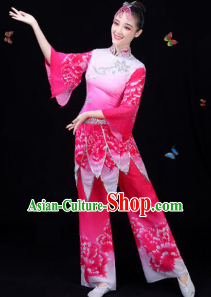 Traditional Chinese Yangko Lotus Dance Rosy Clothing Folk Dance Fan Dance Stage Performance Costume for Women