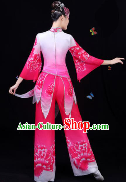 Traditional Chinese Yangko Lotus Dance Rosy Clothing Folk Dance Fan Dance Stage Performance Costume for Women