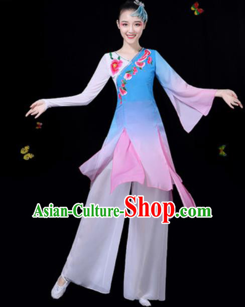 Traditional Chinese Classical Dance Blue Dress Umbrella Dance Group Dance Stage Performance Costume for Women