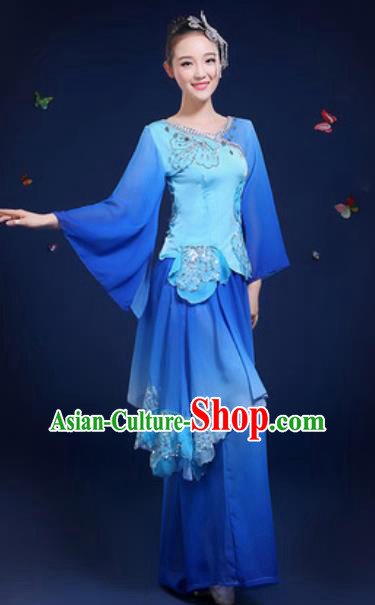 Chinese Traditional Classical Dance Group Dance Blue Dress Umbrella Dance Stage Performance Costume for Women