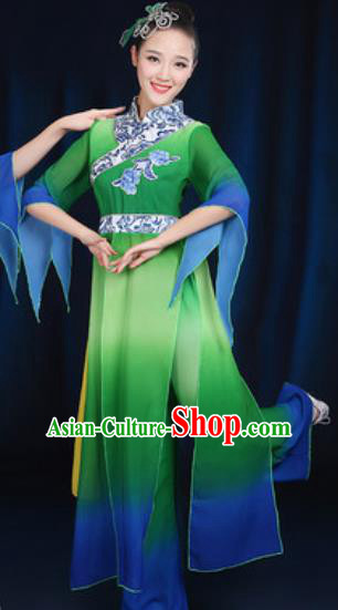 Chinese Traditional Umbrella Dance Group Dance Green Dress Classical Dance Stage Performance Costume for Women