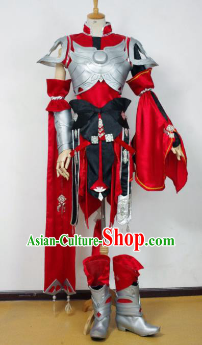 Traditional Chinese Cosplay Kawaler Red Armour Clothing Ancient Swordsman Embroidered Costume for Men
