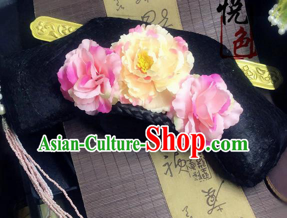 Traditional Chinese Qing Dynasty Palace Lady Pink Peony Headwear Ancient Manchu Hair Accessories for Women