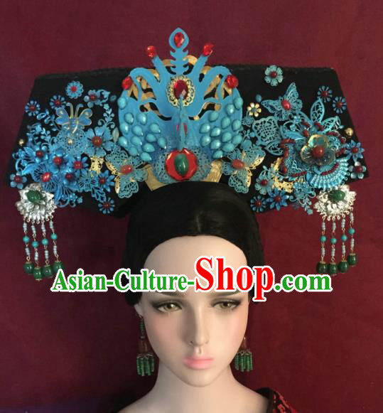 Traditional Chinese Qing Dynasty Imperial Consort Blue Headwear Ancient Manchu Lady Hair Accessories for Women