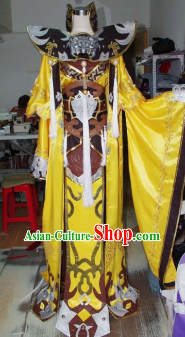 Traditional Chinese Cosplay Royal Highness Knight Yellow Clothing Ancient Swordsman Embroidered Costume for Men