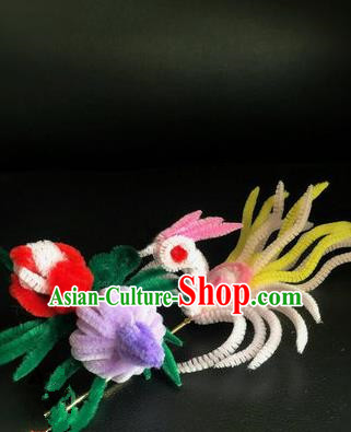 Traditional Chinese Ancient Qing Dynasty Velvet Phoenix Hairpins Handmade Palace Hair Accessories for Women