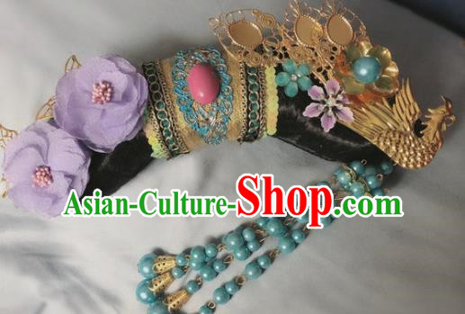 Traditional Chinese Qing Dynasty Imperial Consort Purple Peony Tassel Headwear Ancient Palace Manchu Hair Accessories for Women
