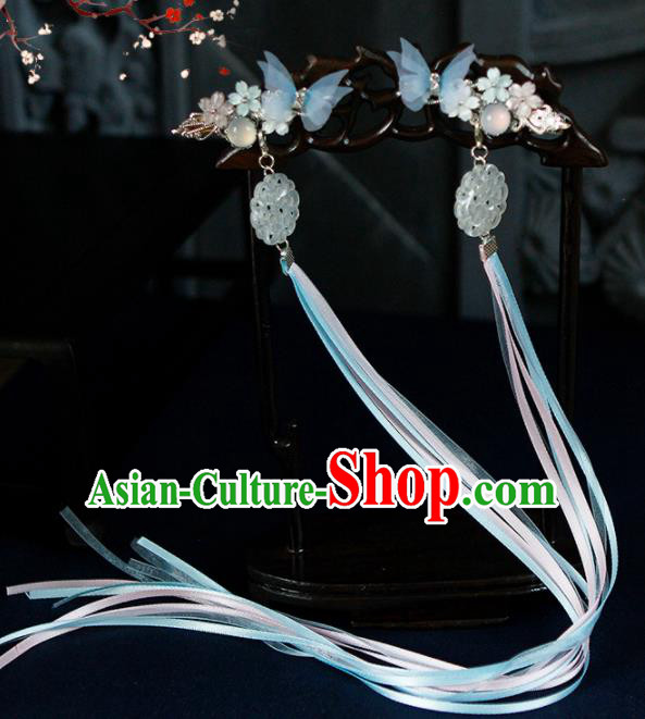 Traditional Chinese Handmade Long Ribbon Blue Butterfly Hair Claws Hairpins Ancient Princess Hair Accessories for Women
