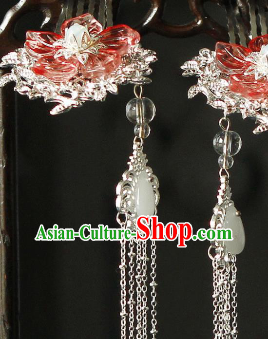 Traditional Chinese Wedding Red Flower Tassel Hair Combs Hairpins Handmade Ancient Bride Hair Accessories for Women