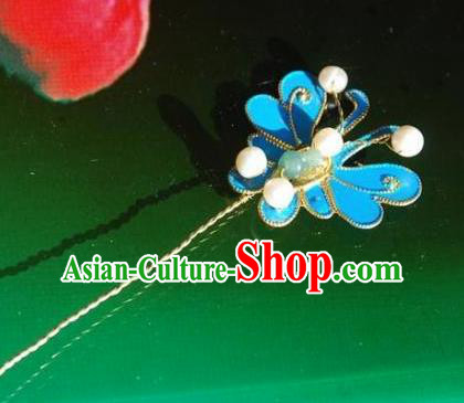 Handmade Chinese Ancient Princess Hairpins Blue Butterfly Hair Clip Headwear Hair Accessories for Women