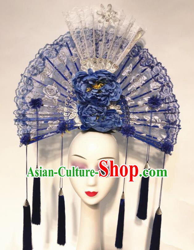 Handmade Chinese Stage Show Blue Peony Lace Hair Clasp Hair Accessories Brazilian Carnival Catwalks Headdress for Women