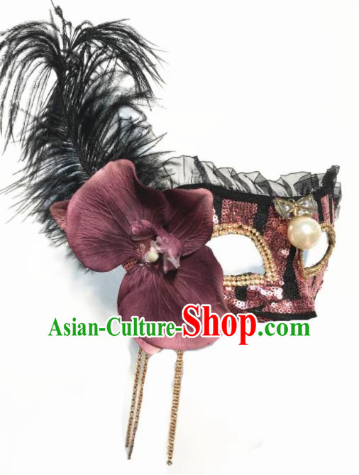 Top Halloween Stage Show Accessories Brazilian Carnival Catwalks Rosy Flower Feather Face Mask for Women
