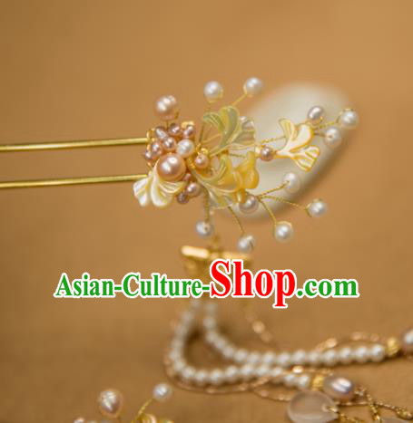 Chinese Handmade Hanfu Pearls Tassel Hairpins Ginkgo Leaf Hair Clip Traditional Ancient Princess Hair Accessories for Women