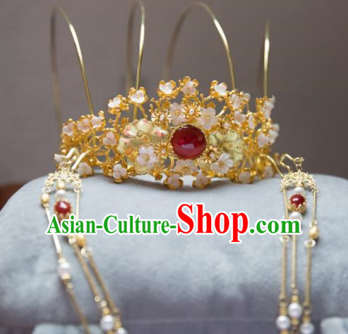 Chinese Handmade Hanfu Tassel Red Crystal Phoenix Coronet Hairpins Traditional Ancient Princess Hair Accessories for Women