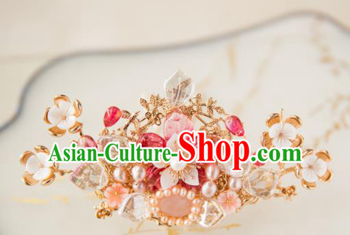Chinese Handmade Pink Peach Blossom Hair Crown Hairpins Traditional Ancient Princess Hair Accessories for Women