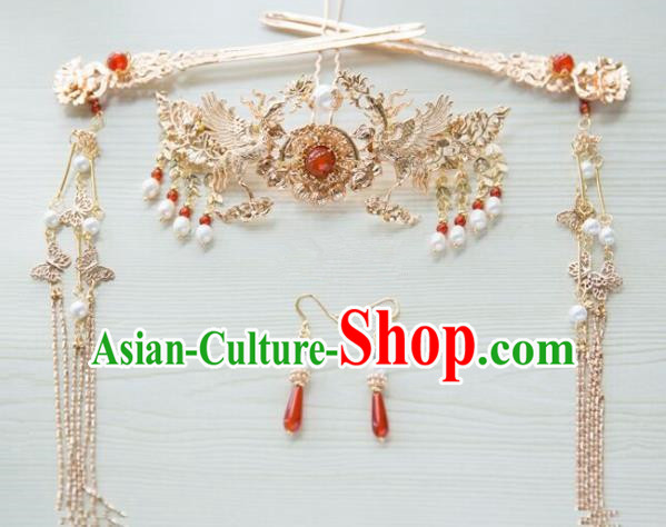 Chinese Handmade Hanfu Cranes Hair Crown Tassel Hairpins Traditional Ancient Princess Hair Accessories for Women
