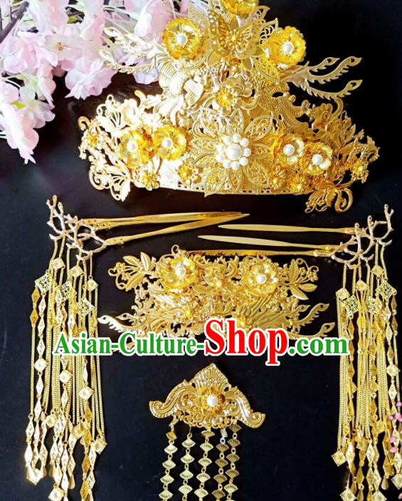 Chinese Handmade Hanfu Palace Golden Hairpins Wedding Phoenix Coronet Traditional Ancient Princess Hair Accessories for Women