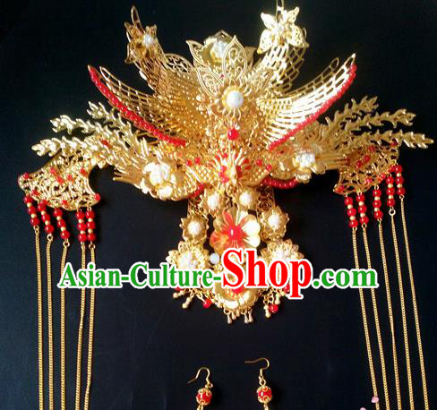 Chinese Handmade Hanfu Palace Golden Phoenix Coronet Tassel Hairpins Traditional Ancient Princess Hair Accessories for Women