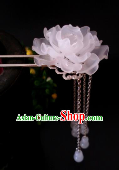 Chinese Handmade Hanfu Palace Hairpins White Peony Tassel Hair Clip Traditional Ancient Princess Hair Accessories for Women