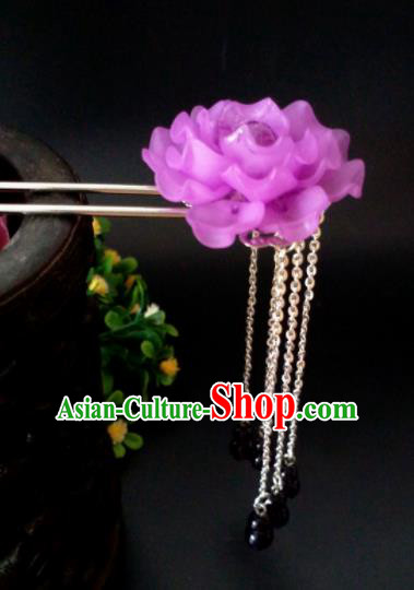 Chinese Handmade Hanfu Palace Hairpins Purple Peony Tassel Hair Clip Traditional Ancient Princess Hair Accessories for Women