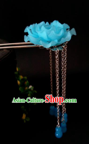 Chinese Handmade Hanfu Palace Hairpins Blue Peony Tassel Hair Clip Traditional Ancient Princess Hair Accessories for Women