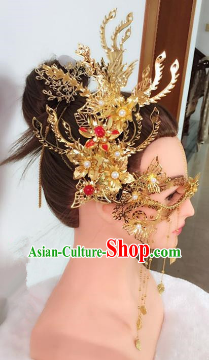 Chinese Handmade Hanfu Princess Wedding Accessories Ancient Swordswoman Golden Face Mask for Women