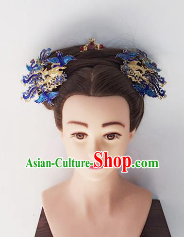 Chinese Handmade Hanfu Qing Dynasty Blueing Phoenix Hairpins Traditional Ancient Imperial Consort Hair Accessories for Women