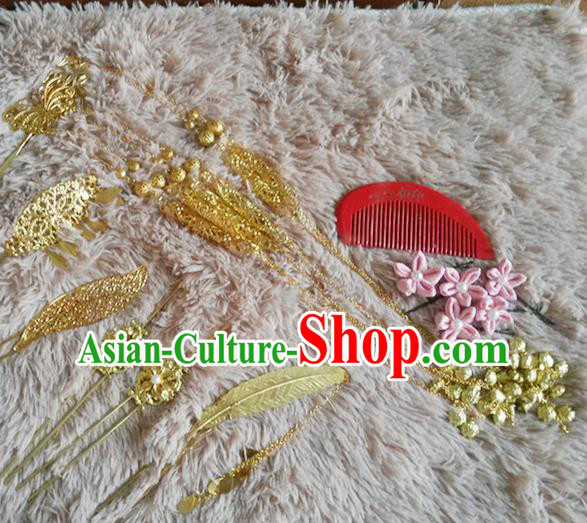 Handmade Chinese Palace Princess Golden Hairpins Hair Combs Ancient Traditional Hanfu Hair Accessories for Women