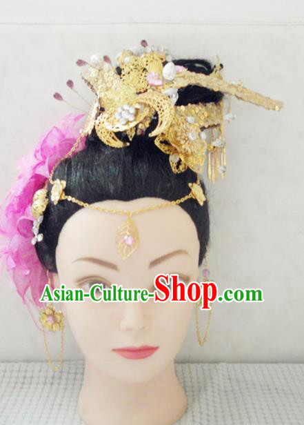 Handmade Chinese Tang Dynasty Hairpins Golden Hair Crown Ancient Traditional Hanfu Hair Accessories for Women