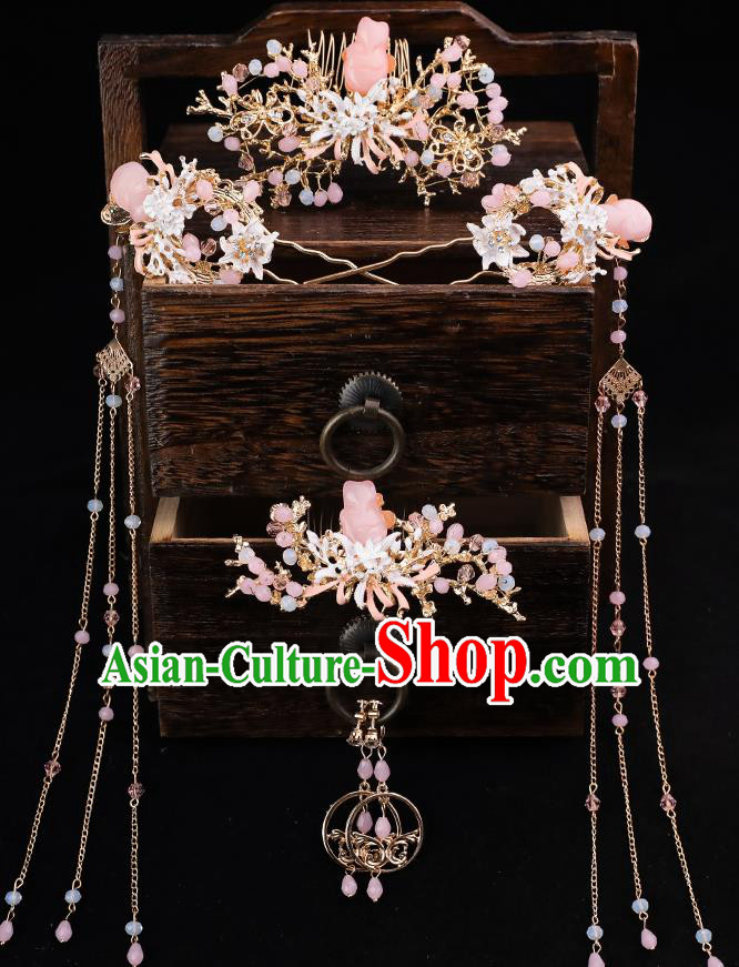 Handmade Chinese Wedding Pink Stone Hair Comb Tassel Hairpins Ancient Traditional Hanfu Hair Accessories for Women