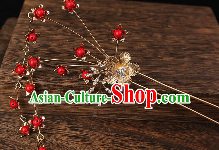 Handmade Chinese Wedding Red Beads Tassel Hairpins Ancient Traditional Hanfu Hair Accessories for Women