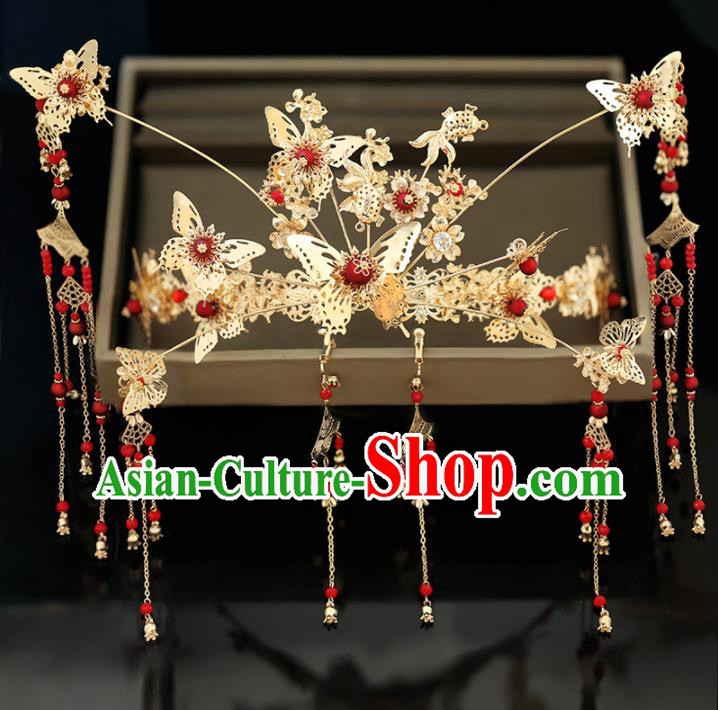 Handmade Chinese Ancient Wedding Hairpins Butterfly Phoenix Coronet Traditional Bride Hanfu Hair Accessories for Women