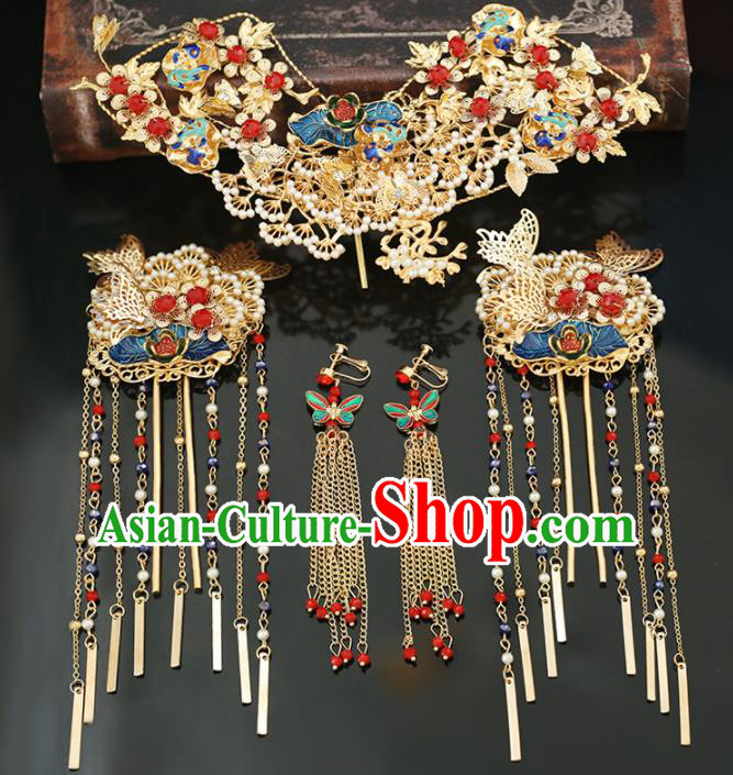 Handmade Chinese Ancient Wedding Hairpins Blueing Lotus Hair Crown Traditional Bride Hanfu Hair Accessories for Women