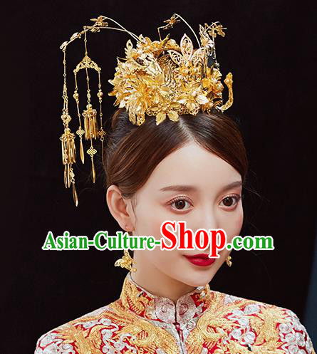 Handmade Chinese Wedding Golden Phoenix Coronet Tassel Hairpins Ancient Traditional Hanfu Hair Accessories for Women