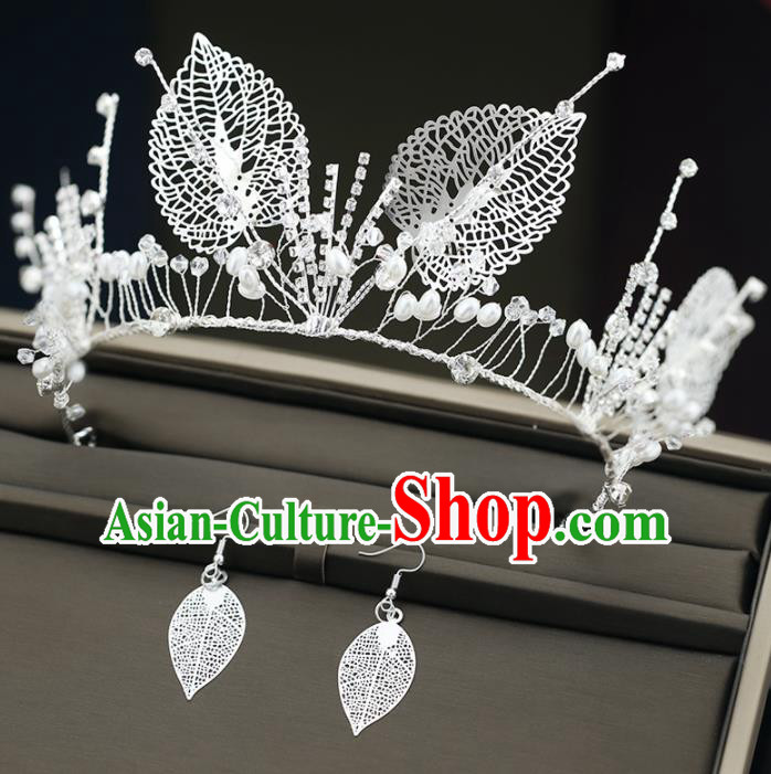 Top Grade Handmade Baroque Princess Pearls Leaf Royal Crown Wedding Bride Hair Accessories for Women