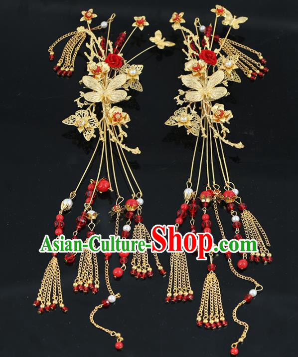 Handmade Chinese Ancient Wedding Bride Butterfly Hair Clips Tassel Hairpins Traditional Hanfu Hair Accessories for Women