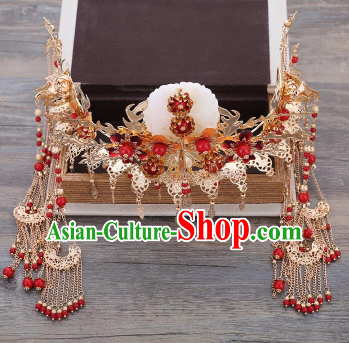 Handmade Chinese Ancient Wedding Bride Jade Phoenix Coronet Tassel Hairpins Traditional Hanfu Hair Accessories for Women