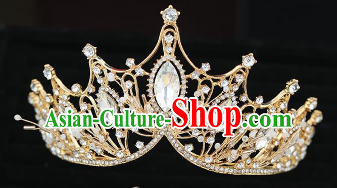 Top Grade Handmade Baroque Princess Crystal Golden Royal Crown Wedding Bride Hair Accessories for Women