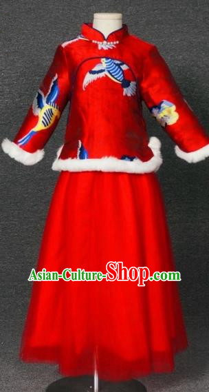 Top Grade Chinese Stage Performance Red Costume Catwalks Dance Embroidered Full Dress for Kids