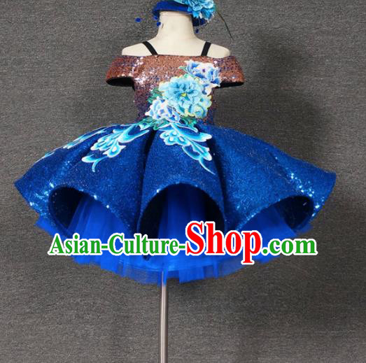 Top Grade Chinese Stage Performance Blue Bubble Full Dress Catwalks Dance Embroidered Costume for Kids