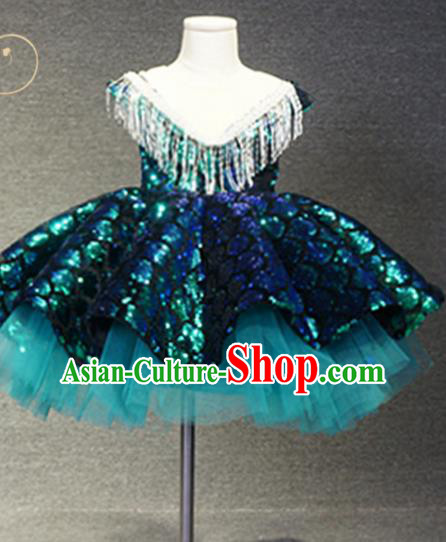Top Grade Modern Fancywork Court Princess Green Paillette Dress Catwalks Compere Stage Show Dance Costume for Kids