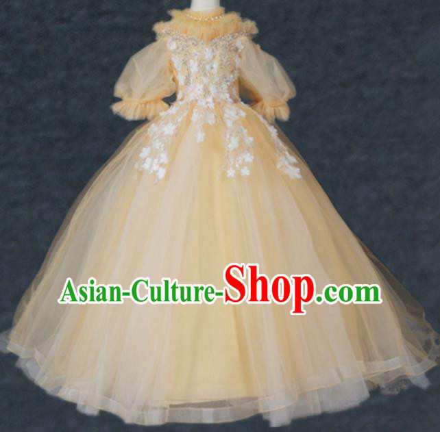 Top Grade Modern Fancywork Court Princess Yellow Veil Trailing Dress Catwalks Compere Stage Show Dance Costume for Kids