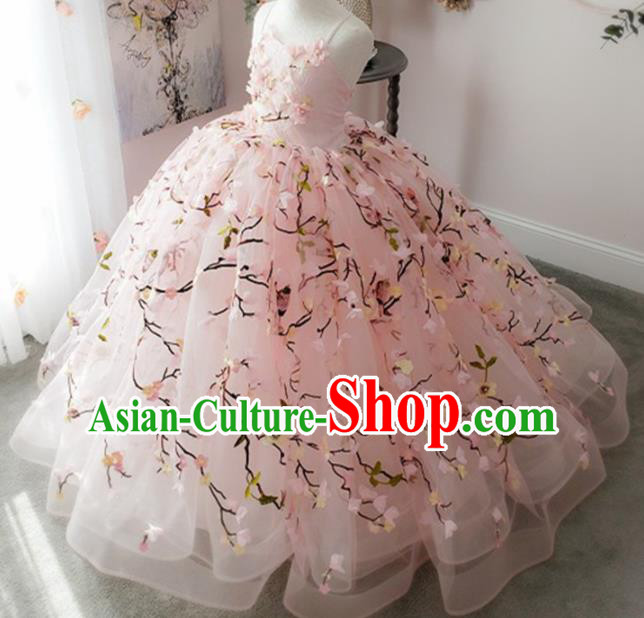 Top Grade Stage Show Costume Catwalks Princess Peach Blossom Pink Veil Full Dress for Kids
