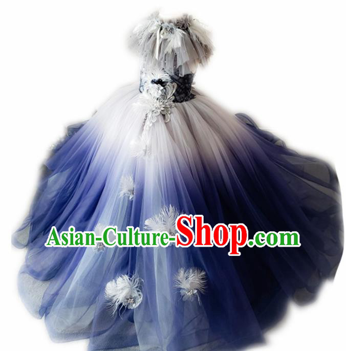 Top Grade Stage Show Costume Catwalks Princess Deep Blue Veil Bubble Full Dress for Kids