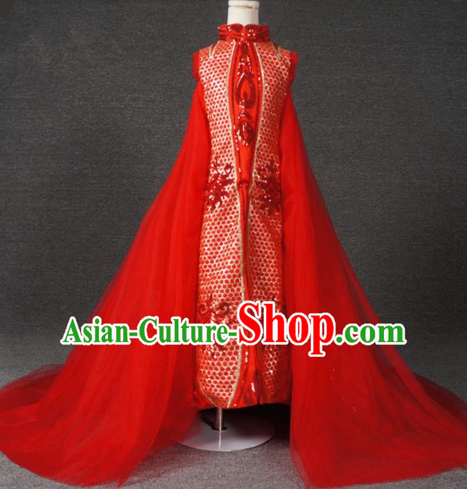 Chinese Stage Performance Embroidered Red Veil Trailing Full Dress Catwalks Modern Fancywork Dance Costume for Kids