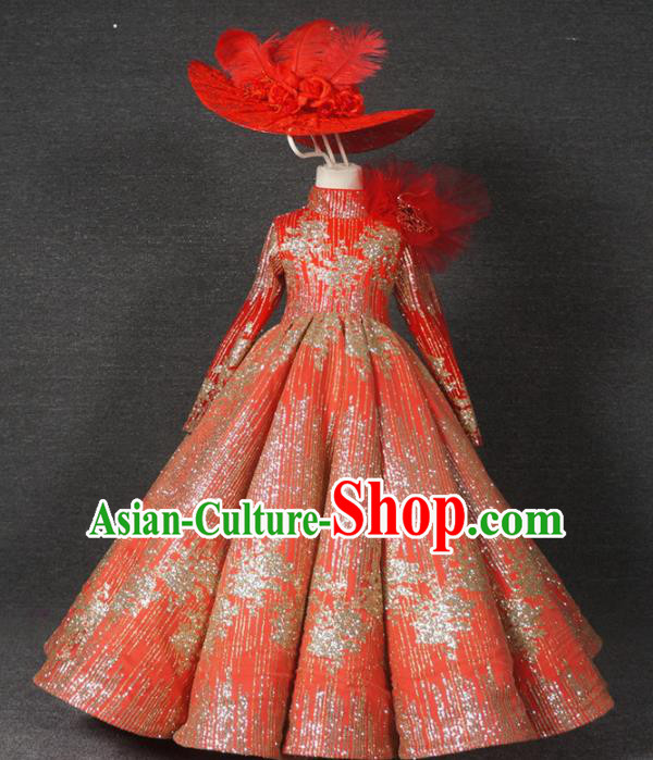 Top Grade Catwalks Court Princess Paillette Red Dress Compere Modern Fancywork Stage Show Dance Costume for Kids