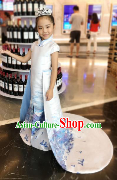 Chinese Stage Performance Full Dress Catwalks White Qipao Modern Fancywork Dance Costume for Kids