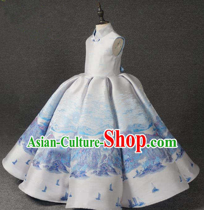 Chinese Stage Performance White Bubble Full Dress Catwalks Modern Fancywork Dance Costume for Kids