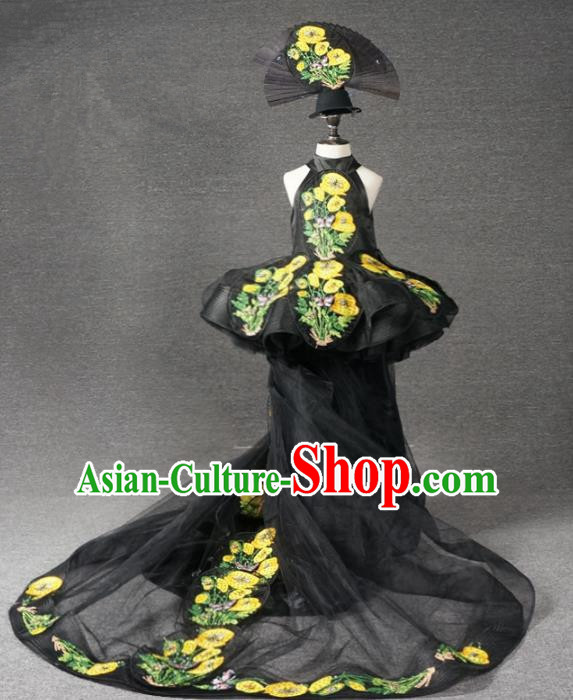 Top Grade Catwalks Compere Black Trailing Dress Modern Fancywork Court Princess Stage Show Dance Costume for Kids